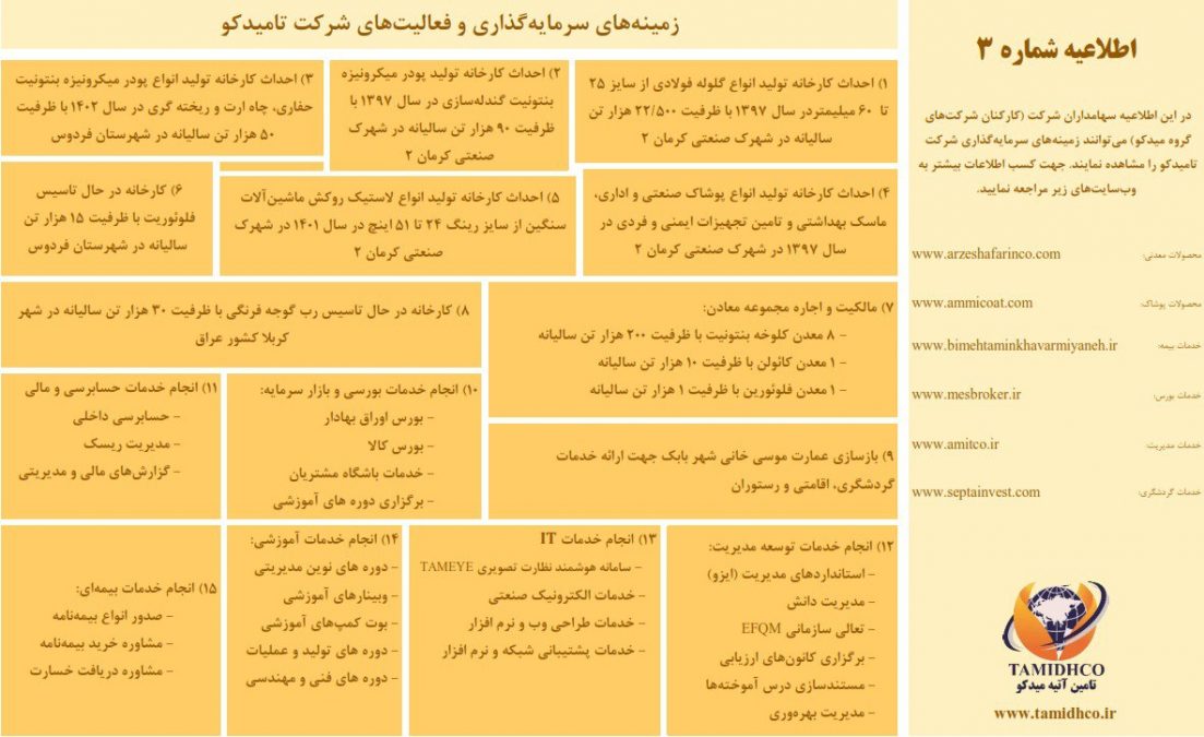 اطلاعیه شماره 3- تامیدکو